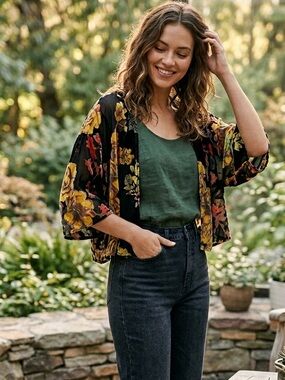 W5 Boho Viscose Blend Black Velvet Floral Burn Out Cardigan Size Small